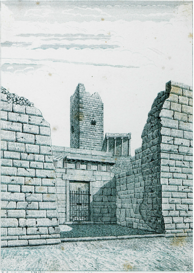 1835 μ.Χ. Πύλη Μπελέ Ακροπόλεως με τον πύργο Σερπεντζέ να δεσπόζει από πίσω.
